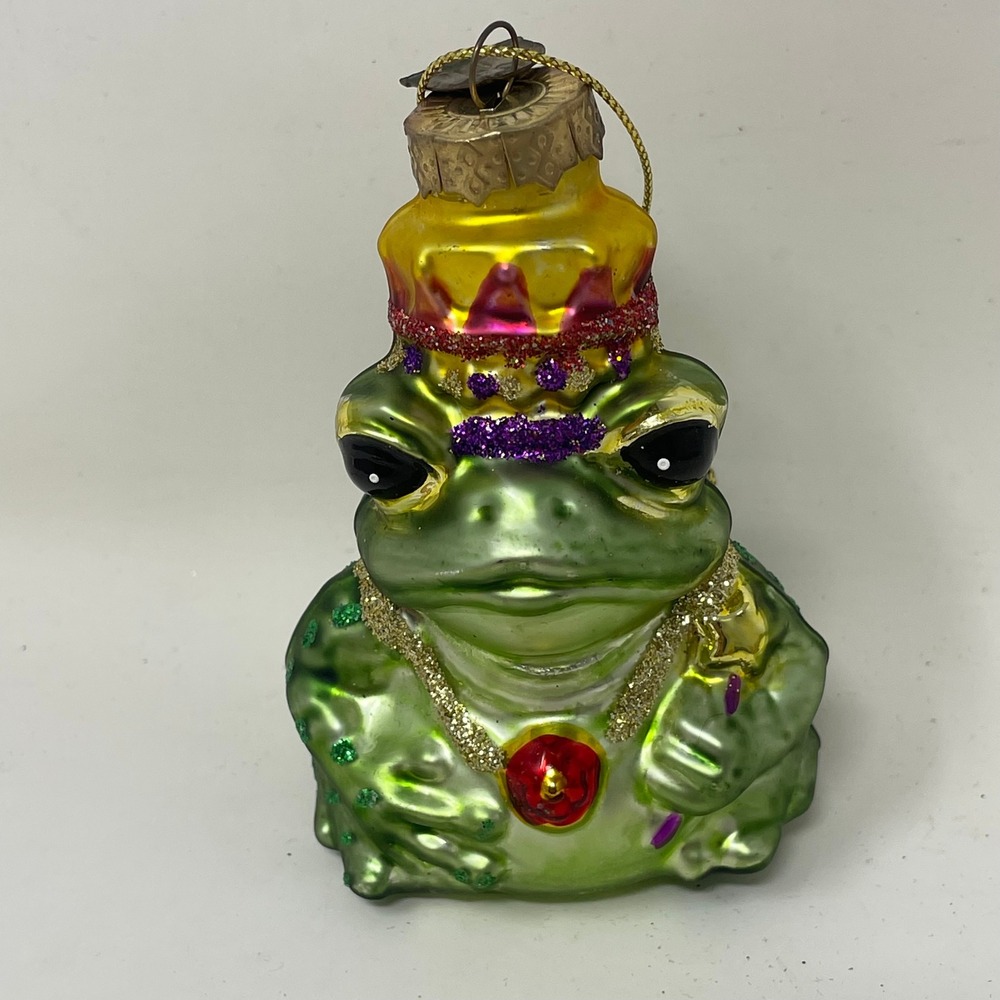 Thomas Pacconi Frog Prince Glass Christmas Ornament Green Glitter Crown 3.5in